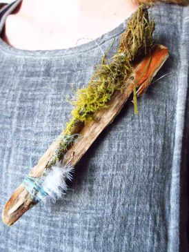 Large Driftwood and Moss Brooch, being worn