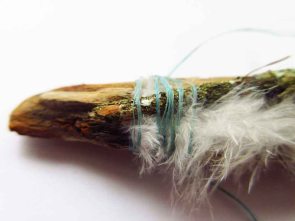 Large Driftwood and Moss Brooch, binding and trapped feather detail